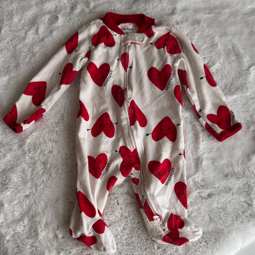 Carter's Cream Footed One-Piece with Red Heart Print